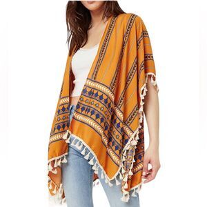 Ardene Bohemian Geometric Print Kimono Tassel Fringe Orange One Size
